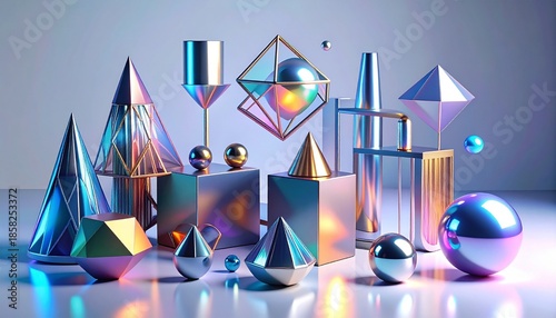 Abstract geometric shapes with vibrant iridescent reflections.