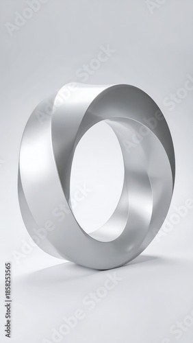 Abstract Silver Mobius Strip Sculpture on White Background.