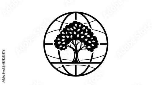 Stylized Tree of Life within Globe Symbol.