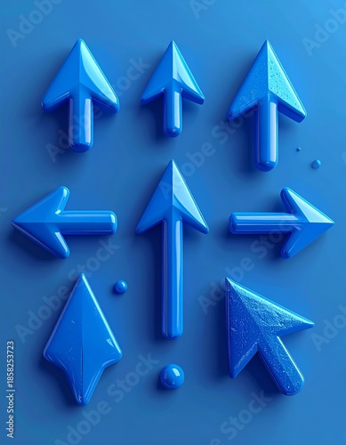 Blue 3D Arrows Pointing in Various Directions on a Monochromatic Background.