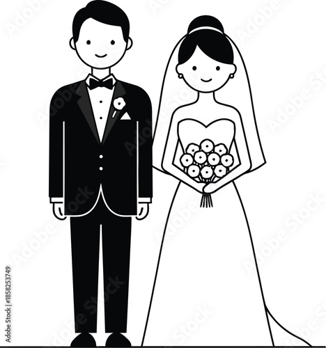 Simple black and white illustration depicting a happy cartoon bride and groom standing together dressed in formal wedding attire ready for celebration