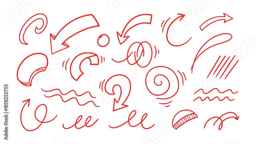 Arrows and Curls Doodle Set: A collection of hand-drawn red arrows, curls, and whimsical shapes, perfect for highlighting concepts, adding flair to designs, and guiding the eye.