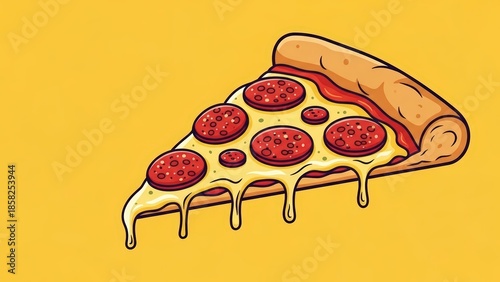 Delicious cartoon pepperoni pizza slice with melting cheese on yellow background.