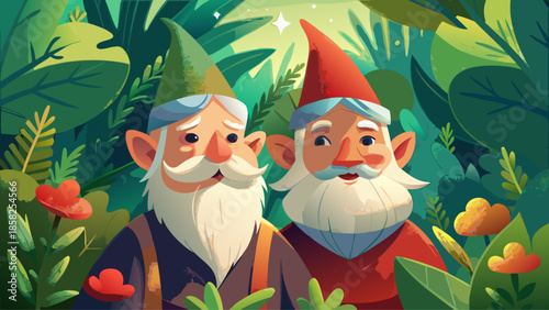 Very beautiful close-up scene of two adorable garden gnomes with soft white beards and bright hats, surrounded by lush greenery, evoking charm, innocence, and a peaceful woodland fantasy.