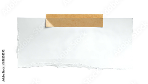 A torn white rectangle of paper secured with a piece of brown tape against a black background