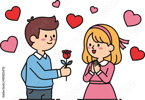 Cartoon illustration depicts a sweet young man offering a single red rose to a delighted young girl surrounded by floating hearts symbolizing affection and romance