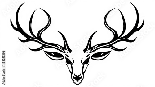 Black silhouette of a wild deer head with antlers and a stag vector illustration for forest nature wildlife art and Christmas reindeer design