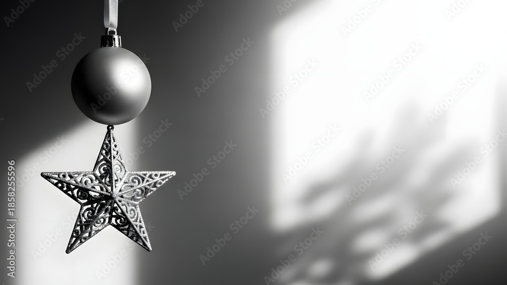 Obraz premium Black and white image of a star shaped christmas ornament hanging from a string