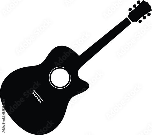 A black silhouette of an acoustic guitar on a white background