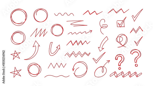 Red Doodle Pack: A collection of various red doodle elements perfect for adding a touch of whimsy and emphasis to your design or project. The doodles contain a circle, check mark, star, arrows.