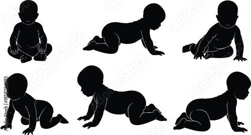 Baby silhouettes set with infants crawling, sitting, and playing, cute toddler poses for newborn care, childhood milestones, parenting, and maternal health vector icons