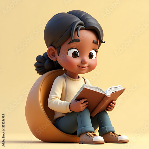 Cute 3D Animated Sitting and Reading a Book