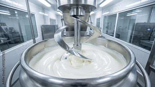 Industrial mixer blending creamy white substance in sterile production facility
