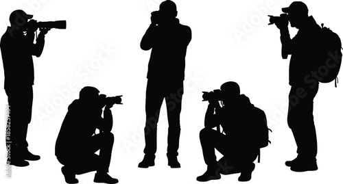 Professional photographer silhouettes collection featuring paparazzi and journalists with DSLR cameras and telephoto lenses in various shooting poses for media and journalism,