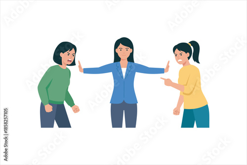 Flat vector illustration of a woman mediating a conflict between two angry women, stopping an argument with open arms, concept of conflict resolution, communication, teamwork. Vector illustration.