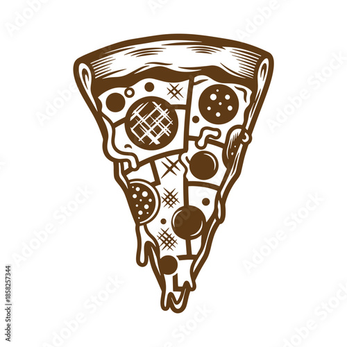 Vintage a brown illustration of a slice of pizza with various toppings on a white background  food