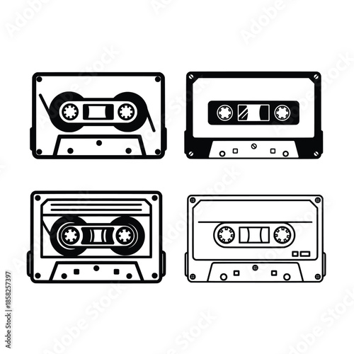 Vector retro cassette tape outline. Black and white vintage mixtape line art icon isolated on white background