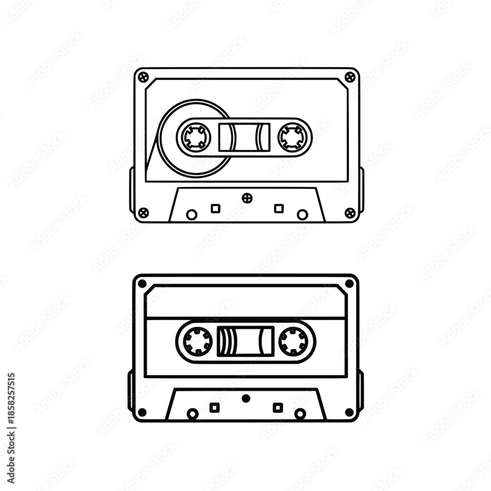 Fototapeta premium Vector retro cassette tape outline. Black and white vintage mixtape line art icon isolated on white background