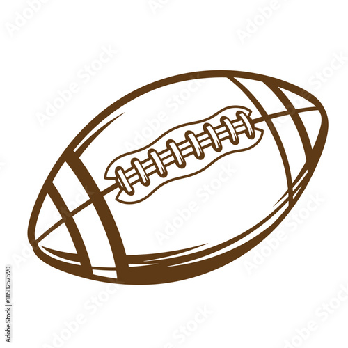 Vintage American football ball with brown lines and laces on white background