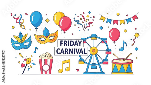 Friday Carnival scene with Ferris wheel masks popcorn balloons and musical notes Keywords