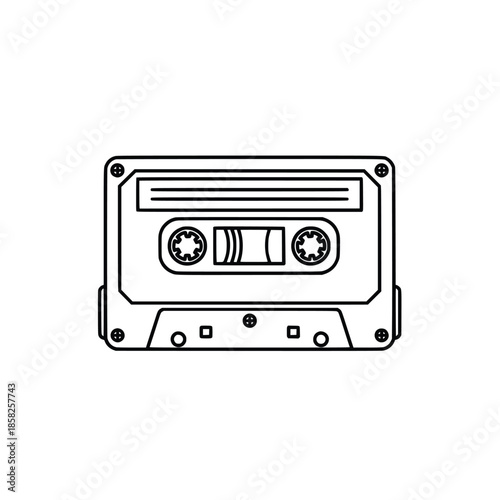 Vector retro cassette tape outline. Black and white vintage mixtape line art icon isolated on white background