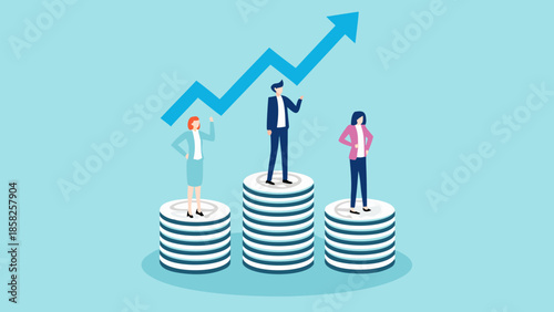 Flat vector illustration of professionals standing on stacked coins with growing graph