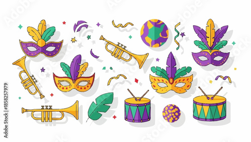 Mardi Gras Carnival Masks Trumpets and Drums Collection Keywords: mardi gras, carnival, masks
