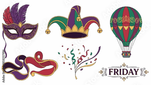 Mardi Gras Carnival Masquerade Mask Jester Hat Hot Air Balloon and Ribbons Keywords: Mardi Gras