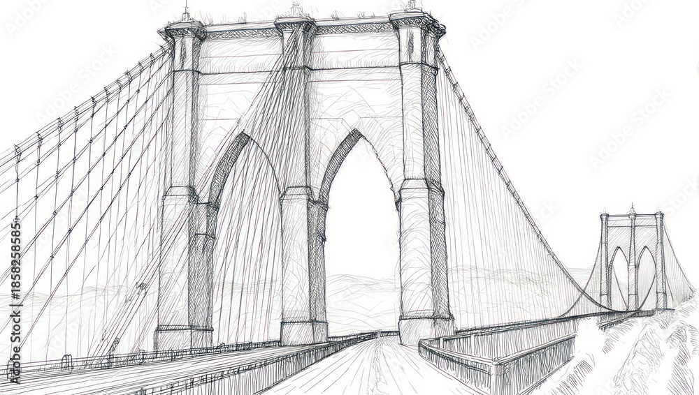 Fototapeta premium Detailed pencil sketch of the iconic Brooklyn Bridge in New York City, showcasing its architectural grandeur and historical significance.