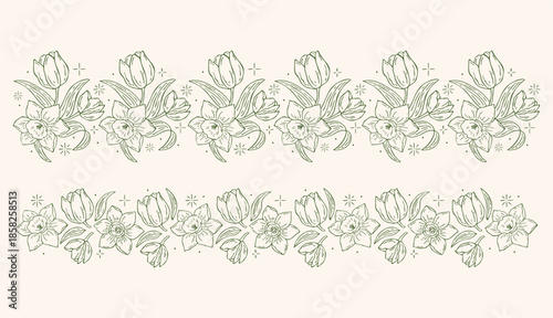 Floral borders hand-drawn vector set featuring tulips and daffodils with decorative stars in outline style. Delicate borders for spring designs, invitations, stationery, branding, and ornamental compo