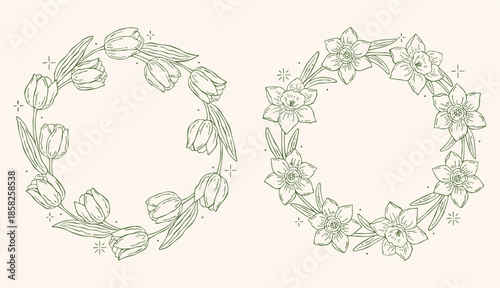 Hand-drawn spring vector set with tulip and daffodil wreaths, outline flowers, leaves, and decorative stars. Perfect for greeting cards, invitations, seasonal designs, and illustrations