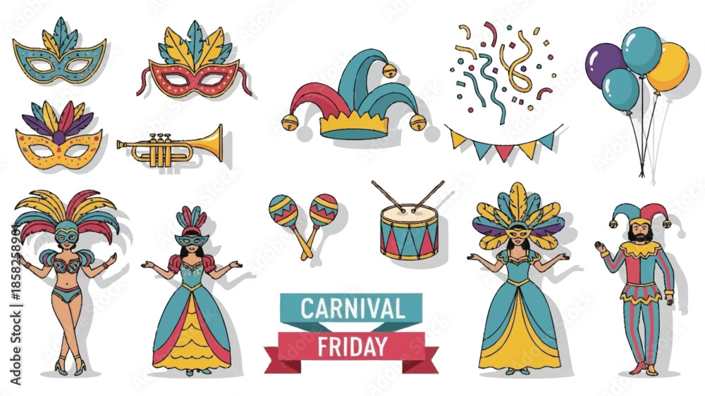 Naklejka premium Carnival Friday Costumed Performers Masks Trumpet Drum And Balloons Keywords: carnival friday