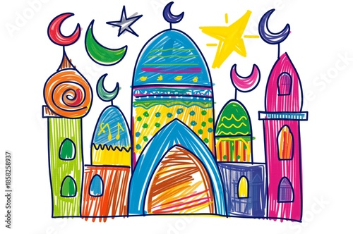 A colorful child's drawing of an Islamic mosque with domes and minarets. Hand-drawn doodle illustration with crescent moons and stars for Ramadan or Eid celebration. Festive greeting card background