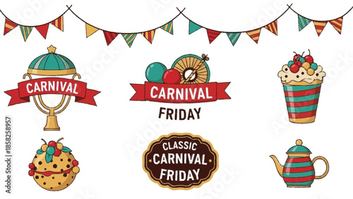 Carnival Friday treats trophy and decorations with festive ribbons and balloons Keywords
