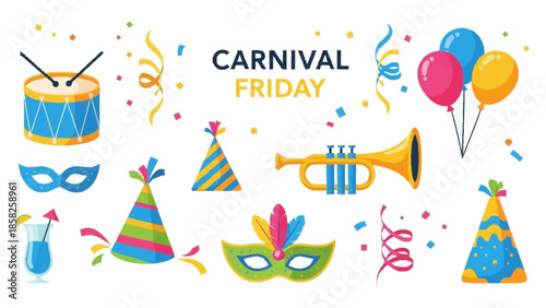 Carnival Party Including Drum, Trumpet, Masks, and Hats Keywords: carnival, party, celebration
