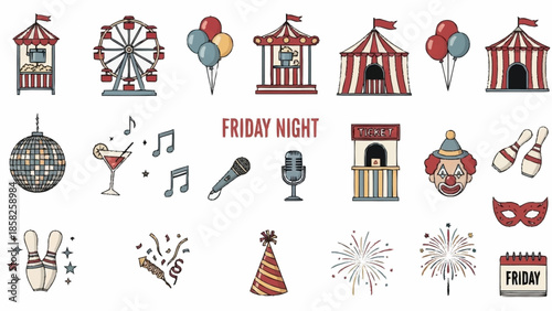 Collection of Carnival and Friday Night Celebration with Hand Drawn Style