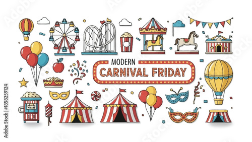 Comprehensive Carnival and Fairground Scene with Rides Food and Text Keywords: carnival
