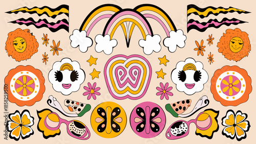 Vibrant abstract psychedelic illustration with colorful shapes, flowers, clouds, and rainbow