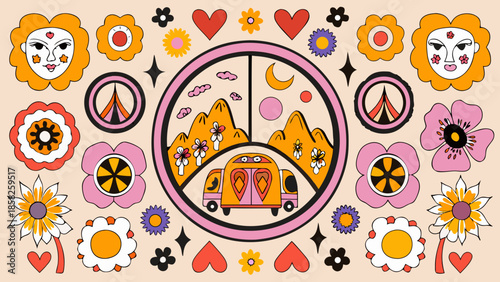 Groovy lifestyle scene with colorful flowers, peace signs, and a psychedelic van