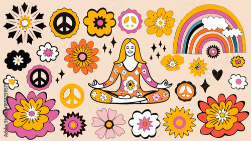 A joyful woman meditates surrounded by vibrant flowers peace signs and a rainbow in a colorful