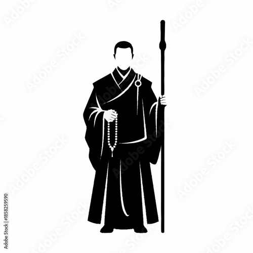 Zen Buddhist monk in traditional robes holding prayer beads and a staff.