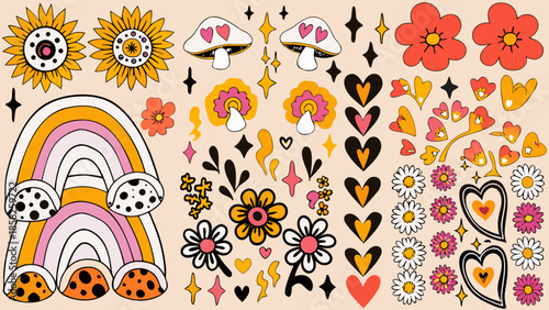 Colorful flat vector illustration of mushrooms, flowers, rainbow, hearts, and stars on beige