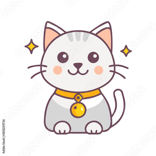 A cheerful cartoon kitten character sitting with a happy expression, featuring a cute feline vector illustration and funny animal drawing for domestic pet clip art