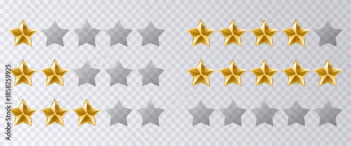 Golden five star rating icon collection isolated on transparent background. Shiny golden yellow and transparent grey stars. Stars for  feedbacks, reviews,services and products. Vector illustration. 