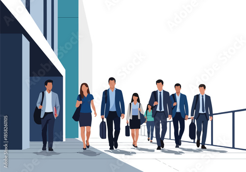 Illustration of business professionals walking outside a modern building with a minimalist and professional mood.