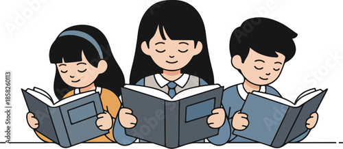 Three children reading books while lying down in a horizontal line with focused expressions on a plain white background.