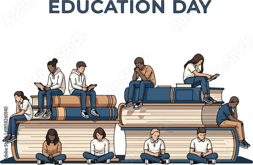 Illustration of diverse people sitting on and around large stacked books reading on Education Day against a clean white background.