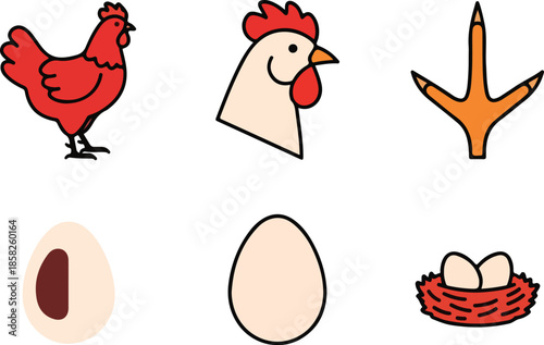 Flat lay illustration of a rooster, hen, bird foot, egg, half egg, and eggs in a nest on a white background.