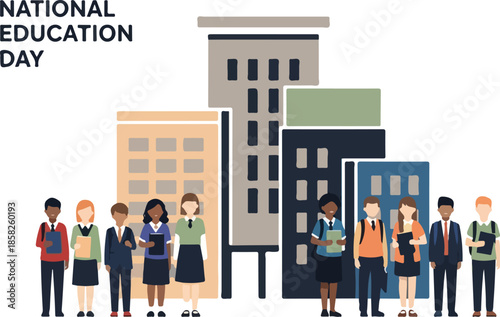 Illustration of diverse people standing in front of buildings with a sign reading National Education Day in a flat design style.