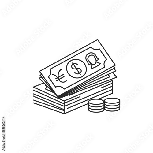 Line Drawing of Currency Notes and Coins for Financial and Economic Themes